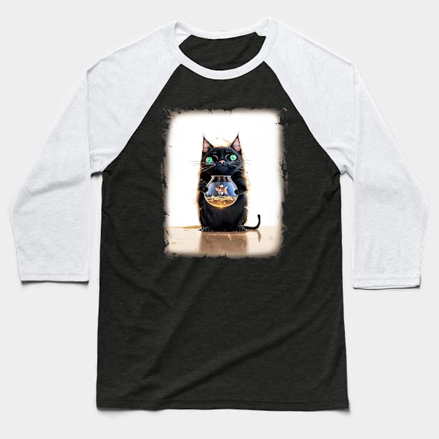 Black Cat Holding a Goldfish in a Fish Bowl Baseball T-Shirt by candiscamera